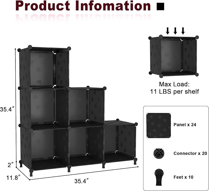 UNKU 6 Cube Storage Organizer, Closet Organizer Storage Shelves, Black | DIY Stackable Bookcase, Clothes Organizer Shelf for Closet, Bedroom, Living Room, Cabinet, Home, Office