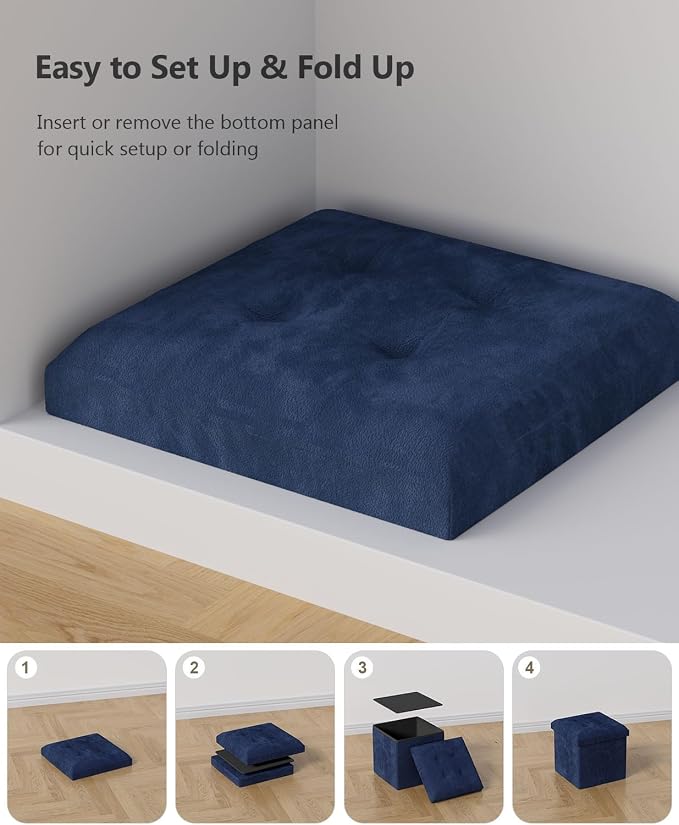 Folding Storage Ottoman Bench, Navy Blue, 15 Inches | Multi-Functional Ottoman Foot Rest, End of Bed Bench, Storage Chest, Living Room, Bedroom, Hallway, Entryway, 300 lb Capacity