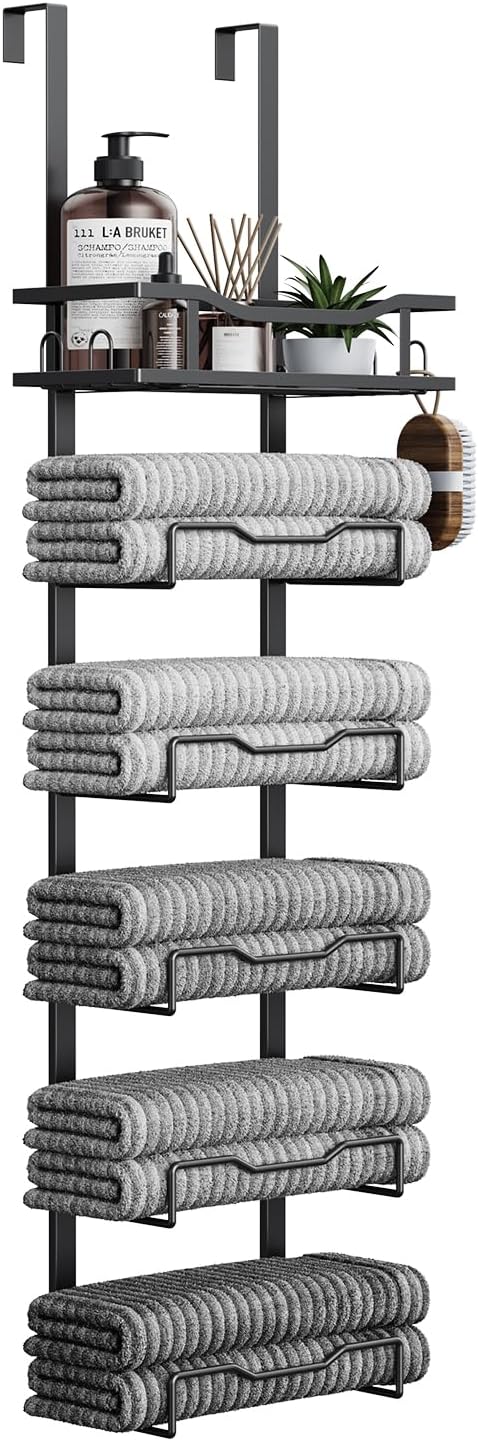 Aetyord Hanging Towel Racks for Bathroom No Drill - 6-Tier Over The Door Bath Towel Storage Organizer for Small Bathrooms - Tiered Back of Door Towel Holder Hanger for Rolled Towels RV Camper Black | 6-Tier Over The Door Bath Towel Storage Organizer wi...
