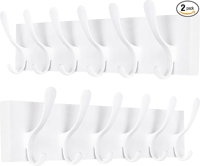SKOLOO Wall Mount Coat Rack - White Wooden Wall Coat Hooks, Pack of 2, 6 Hooks for Coats, Hats, Clothing, Scarves