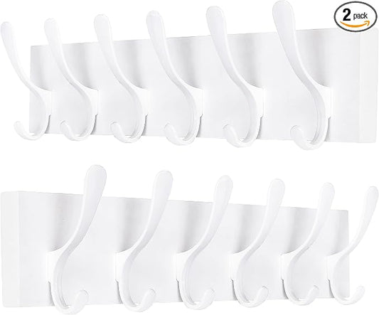SKOLOO Wall Mount Coat Rack - White Wooden Wall Coat Hooks, Pack of 2, 6 Hooks for Coats, Hats, Clothing, Scarves