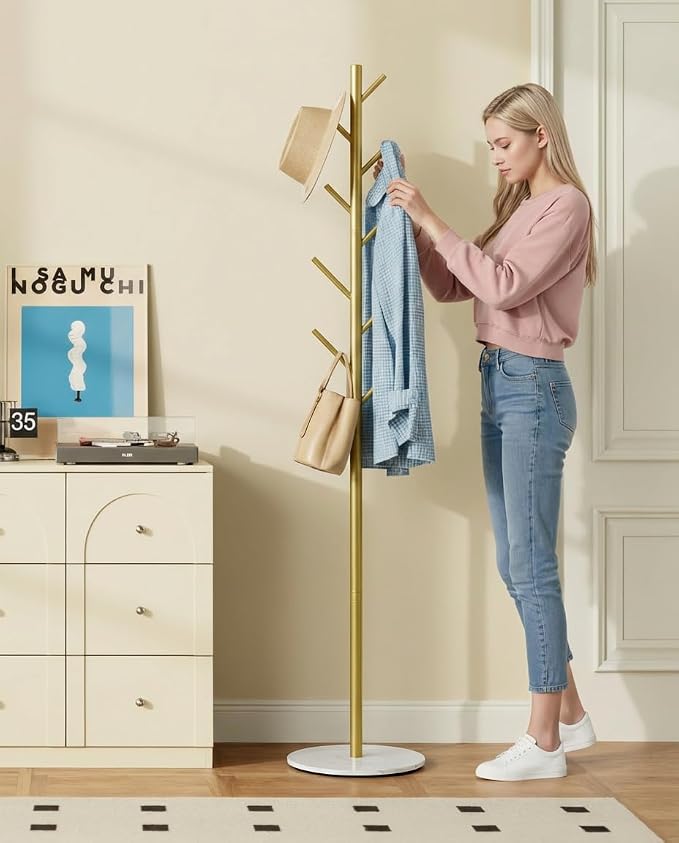 Coat Rack with 8 Hooks, 3 Adjustable Heights, Modern Hall Tree, Sturdy Metal Clothes Stand with Sintered Stone Base for Entryway, Office, Bedroom, for Coats, Hats, Handbags and Scarves, Gold