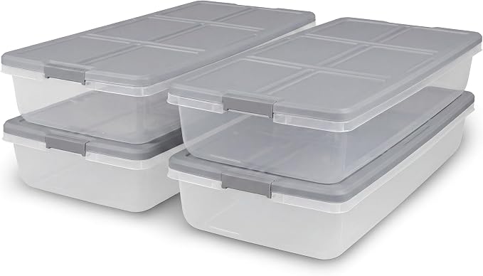 Home Logic 52 Qt Latched Underbed Storage Bin with Lid, Stackable Plastic Storage Container, Organizer for Home & Bedroom, 4 Pack, Gray