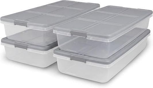 Home Logic 52 Qt Latched Underbed Storage Bin with Lid, Stackable Plastic Storage Container, Organizer for Home & Bedroom, 4 Pack, Gray