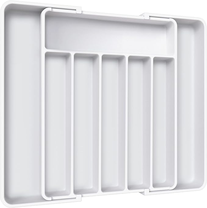 Aujen Silverware Drawer Organizer, Adjustable Utensil Cutlery Tray | Expandable Kitchen Organizer for Forks Knives, Multipurpose Kitchen Storage, Apartment Essentials, White, Large