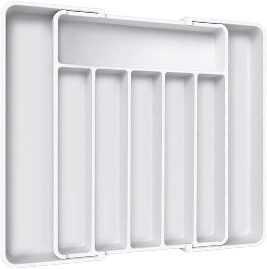 Aujen Silverware Drawer Organizer, Adjustable Utensil Cutlery Tray | Expandable Kitchen Organizer for Forks Knives, Multipurpose Kitchen Storage, Apartment Essentials, White, Large