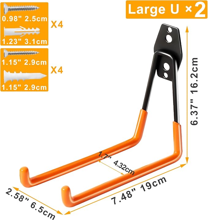KURUI Heavy Duty Garage Hooks for Hanging, 2 Pack Metal Garage Organization Hooks, Garage Storage Hooks for Ladder Extension Cord Cable, Wall Mount Large Utility Hooks, Garden Tool Organizer/Hanger