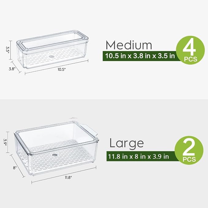 ZIJUND 6 Packs Fridge Organizers and Storage, Refrigerator Organizer Bins | Stackable BPA-Free Refrigerator Organizers and Storage Containers for Fruit, Vegetable, Food, Drinks, Cereals, Clear