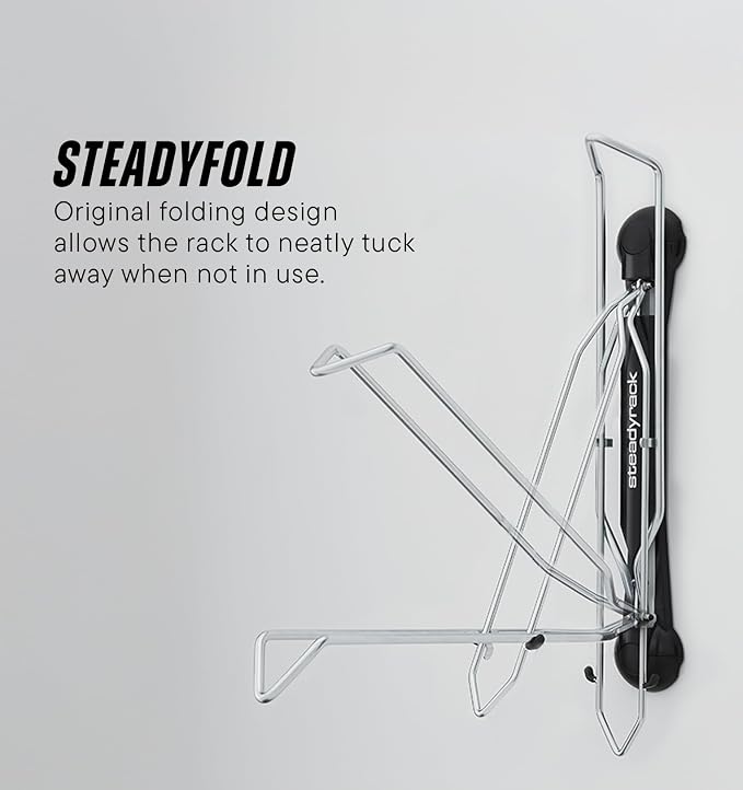Steadyrack Swivel Bike Wall Mount, Vertical Mountain Bike Rack, Garage | Fits 24 to 29 in wheels and 2.1 to 2.8 in tires. Roll-in, no lift, holds mountain and gravel bikes to 77 lb.