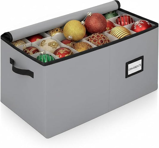 Christmas Ornament Storage Container with Dividers - Box Stores Up to 54 Ornaments, Zippered, Convenient, Adjustable, Large Organizer Bin to Protect Holiday Décor, Fits Most Standard Size, Grey