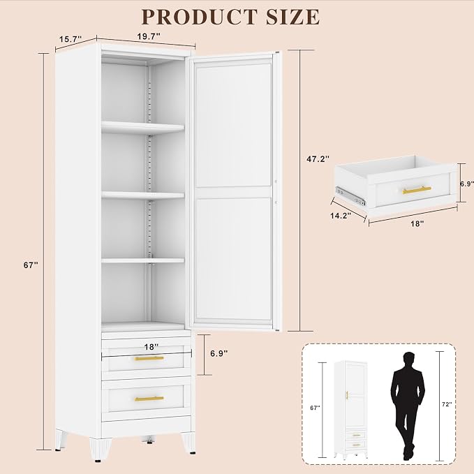 Tall Metal Narrow Storage Cabinet 67" H with 2 Drawer, White Pantry Cabinets with 3 Adjustable Shelves and Door,Tall Bathroom Cabinet for Kitchen, Home Office, Living Room, Dining Room