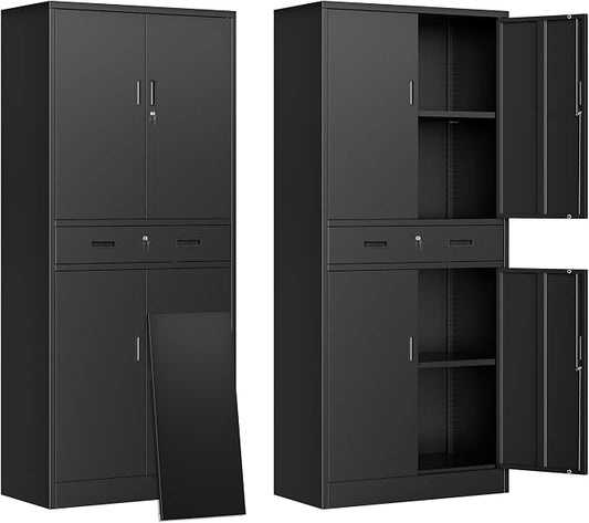 CJF 71" H Tall Metal Storage Cabinet with Drawer, Locking Garage Cabinet with 2 Adjustable Shelves, Heavy-Duty Tool File Storage Cabinets for Home Office, Kitchen, Warehouse, Shop (Black)