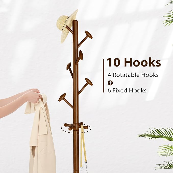 Taitiy Solid Wood Coat Rack Freestanding Coat Tree with 10 Hooks | for Bedroom, Livingroom, Entryway, Sturdy Coat Hanger Stand for Hats, Coats, Scarves, Handbags, Purses