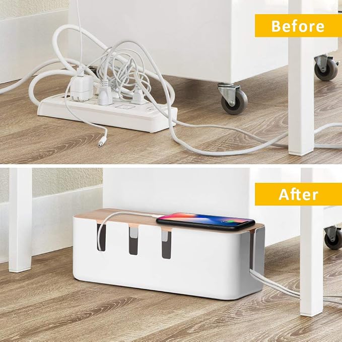 Cable Management Box by Baskiss, 12x5x4.5 inches, Wood Lid, Wire Organizer for Desk TV Computer USB Hub System to Cover and Hide & Power Strips & Cords