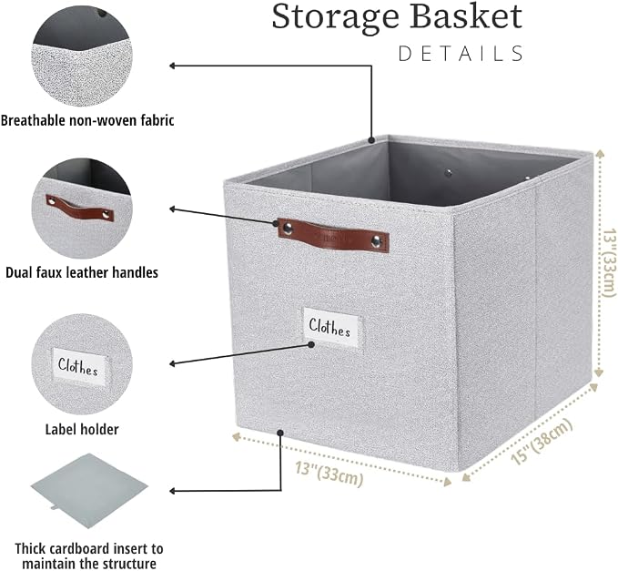 DECOMOMO Storage Bins, Storage Baskets for Shelves | 13" x 15" x 13" Storage Cube Bins with Labels for Organizing Shelves (Kallax, 4pcs, Light Texture Grey)