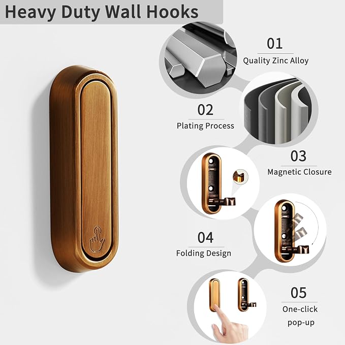 2PCS Foldable Wall Hooks, Flip Down Design with 40 lbs Heavy-Duty Capacity, Retractable Wall Hooks for Bathroom, Bedroom & Entryway Space Saving (Bronze)