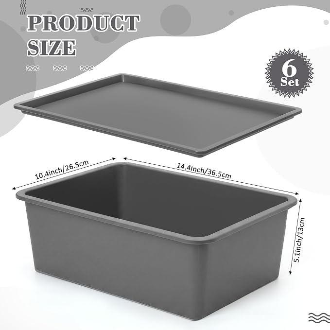 6 Pcs Plastic Storage Bins with Lids Stackable Storage Containers Durable Box Baskets for Organizing Shelves Playroom Classroom Office (Large,Grey)