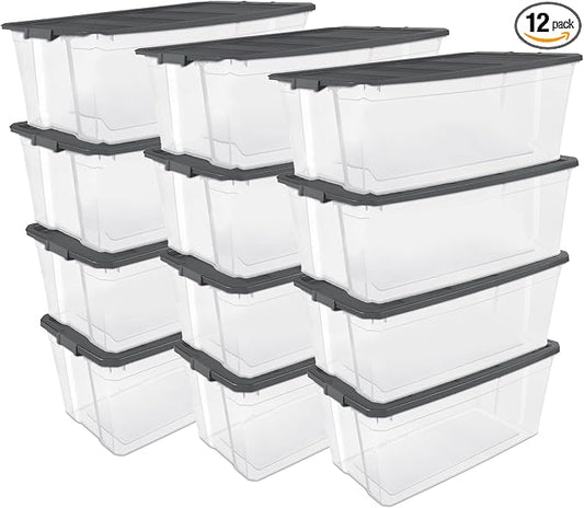 Sterilite 12-Pack Modular Stacker Box, Durable Clear Plastic Storage Bins with Latching Lids, 200 Quart - Stackable Organizing Container Boxes for Closet, Bathroom, and Office
