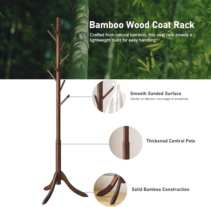 kiplant Bamboo Wood Coat Rack Stand, Freestanding Coat Tree with 8 Hooks, Hallway Entryway Hat Hanger Organizer Standing for Bedroom, Office, Clothes, Jackets, Bags, Umbrallas