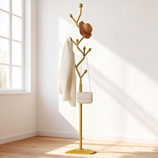 Tree-shaped coat rack stand,Metal coat tree with 8 Hooks and sturdy cast iron base,Heavy Duty coat rack freestanding coat hanger stand for Clothes Hats Scarfs Purses (gold)