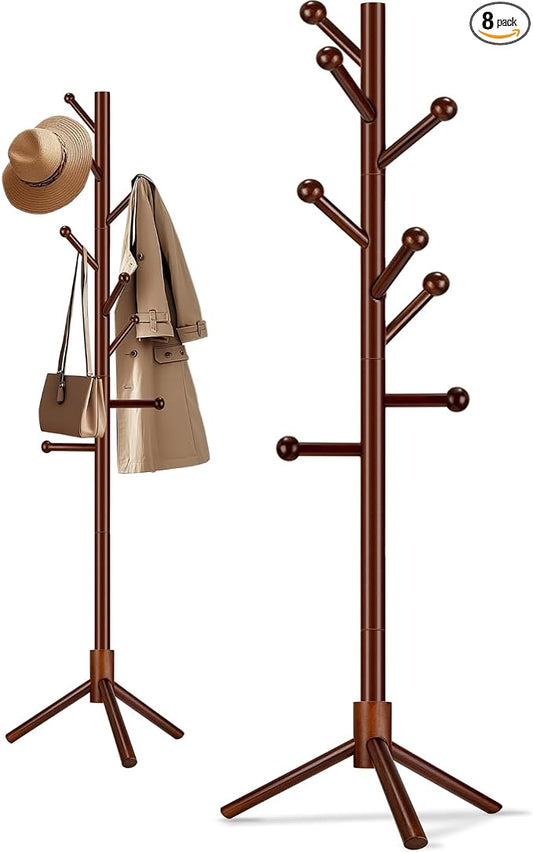 Wooden Coat Rack Freestanding, Adjustable Height Solid Wood Clothes Stand with 8 Ball-End Hooks, Stable Tripod Base, 5.7FT Floor Coat Tree for Entryway Bedroom Office, Brown
