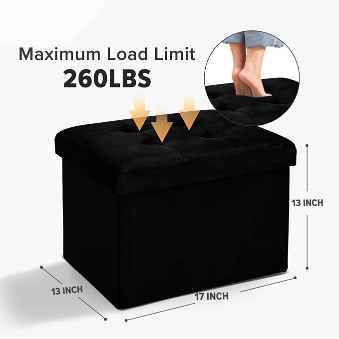 LINMAGCO Storage Ottoman Folding Foot Stool Foot Rest with Side Pocket Modern Ottoman with Storage Short Sofa Stool Velvet 17x13x13(Black)