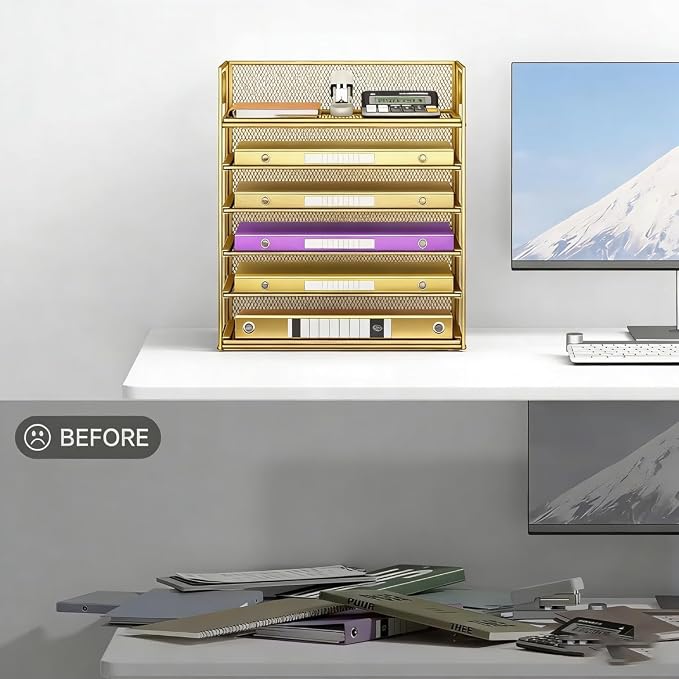 6 Tiers Letter Tray Paper Organizer with Handle, Mesh Desk File Organizer, Metal Desktop Document Shelf Organization, Paper Sorter Organizer for Office, Home or School File Folder Holder (Gold)