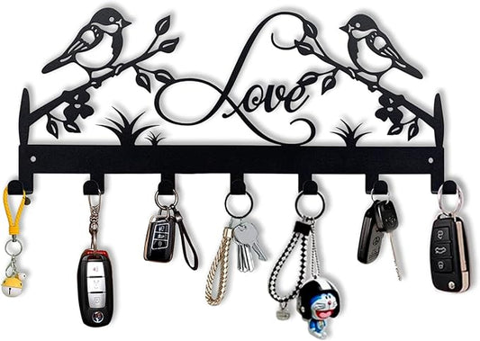 Metal Key Holder, Wall Mounted Key Hooks, Key Holder for Wall, Key Organizer Rack with 7 Hooks, Key Hanger Decor for Kitchen, Entryway, Hallway, Bedroom, Doorway (Birds 12IN)