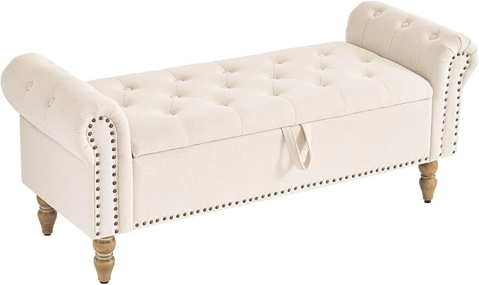 Furnimart Storage Bedroom Bench for End of Bed, Faux Linen Upholstered Storage Ottoman with Rolled Arms for Bedroom,Living Room, Entryway, 2.5Cubic Feet