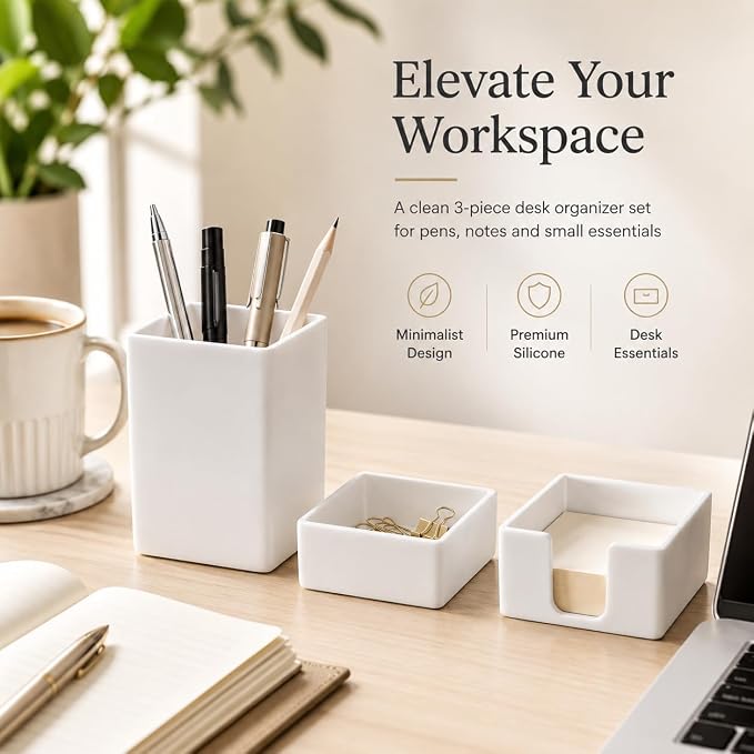 minimaliving Aesthetic Silicone Desk Organizer Set of 3,Modern Office Desk Accessories with Pen Holder,Paperclip Tray,Sticky Note Holder,Stylish Functional Office Desk Decor for Back-to-school(White)