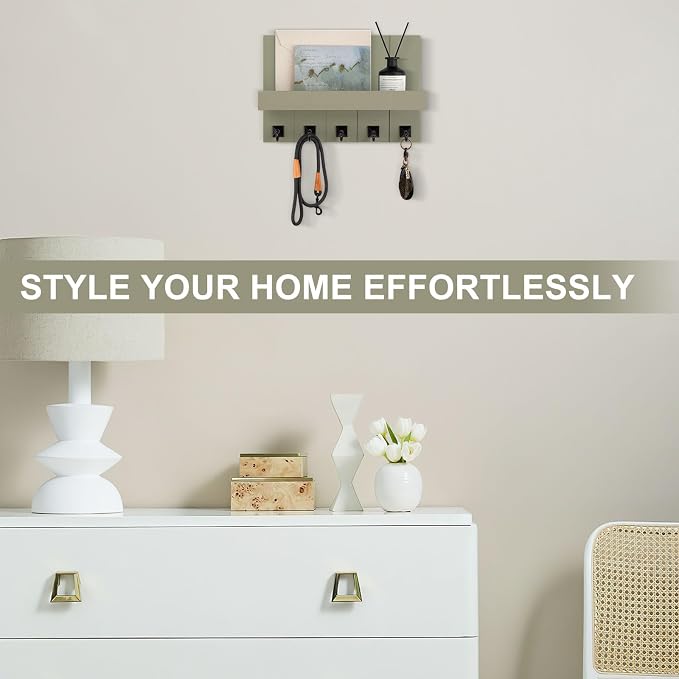 Key Holder for Wall, Decorative Key Holder with Shelf, Key and Mail Holder Wall Mount, Farmhouse Decor with 5 Key Hooks for Keys, Coats, ect.