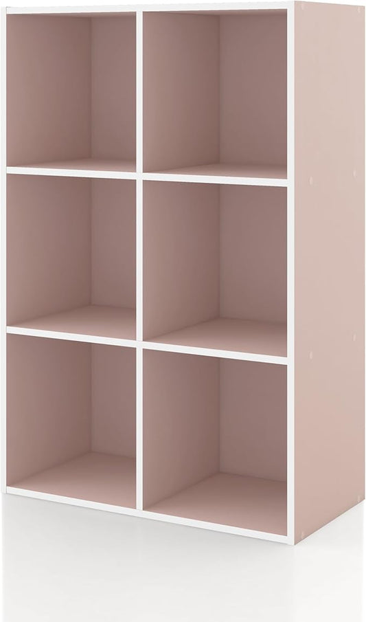 Homes: Inside + Out Apexa 6-Cube Storage Organizer Shelves, Stackable Wood Bookcase Fits Cubby Bins for Organization, Dorm Teen Room Decor & Home Office, Light Pink