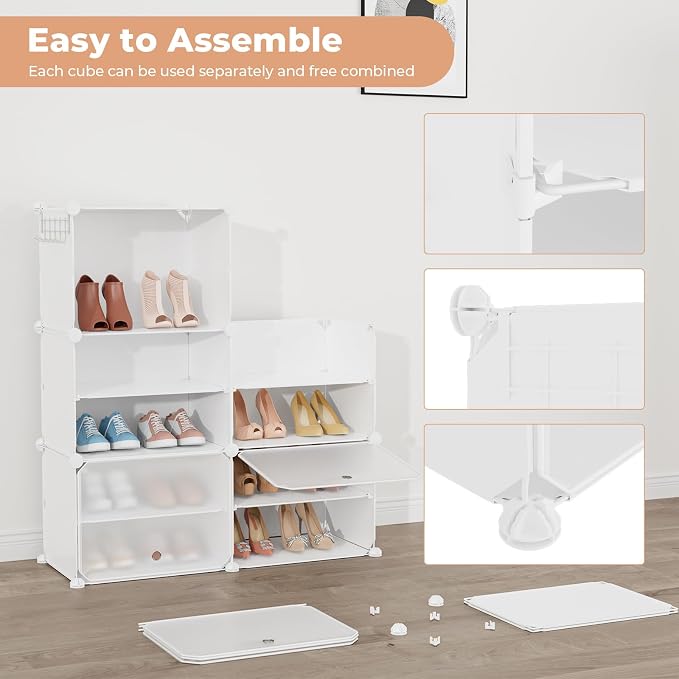 Shoe Rack Organizer 12 Tier Shoe Storage Cabinet with Door 96 Pair Tall Shoes Rack Expandable Free Standing Sturdy Plastic Easy Assembly Shoes Shelf for Closet Entryway Bedroom Hallway White