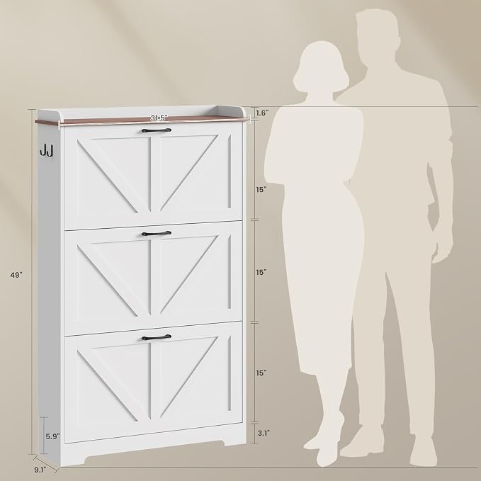 Farmhouse Shoe Cabinet Organizer with 3 Flip Drawers, 31.5" W White | Freestanding shoe cabinet with flip drawers ,space-saving storage for foyer hallway,Adjustable Shelves & 2 Hooks