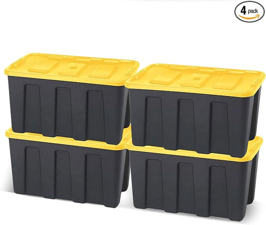 HOMZ 4-Pack Durabilt Tote, Heavy Duty Plastic Storage Bins with Lids, 34 Gallon, Black/Yellow - Stackable Organizing Containers for Home, Garage, and Office