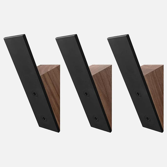 Wall Coat Hook Rack - Set of 3 - Black Walnut Wood Black Metal Decorative Hat Hooks for Hanging Coats - Hat Hangers for Wall