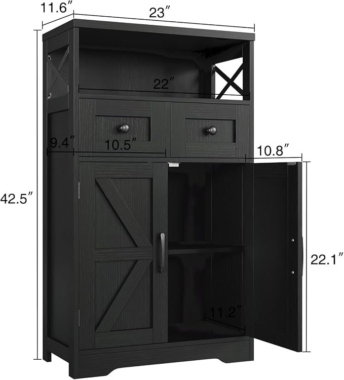 Farmhouse Storage Cabinet Set of 2, Small Kitchen Pantry Coffee Bar Cabinet | Accent Buffet Cabinet Cupboard, 2 Storage Drawers, Barn Doors & Adjustable Shelves, for Kitchen/Entryway/Bathroom, Black
