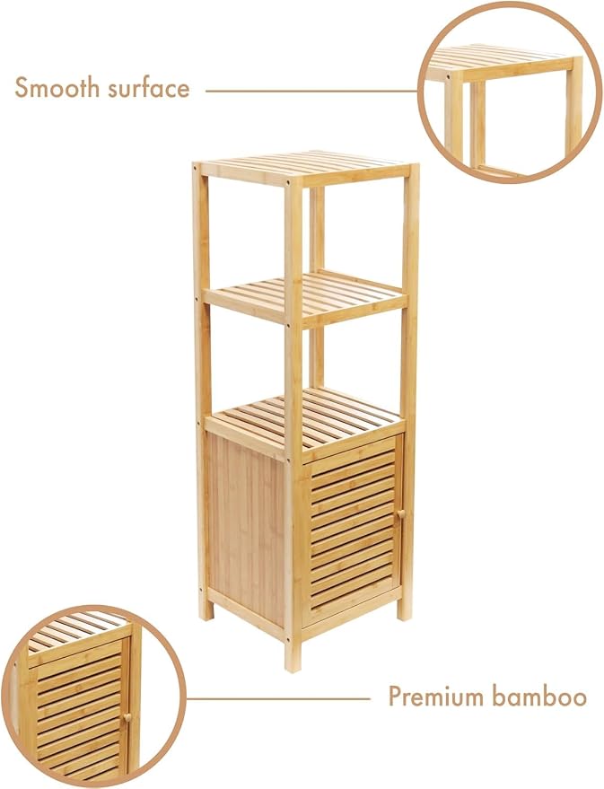 RoyalHouse Bamboo 3-Tier Floor Organizer with Shutter Door, Freestanding Storage Tower for Bathroom, Bedroom, Kitchen, Laundry Room – Eco-Friendly Natural Bamboo