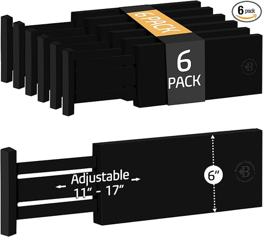 6 Pack Black Drawer Dividers - 6 Inch High for Deep Drawers, Adjustable 11.5 to 17 Inch Expandable Kitchen Drawer Organizer, Spring Loaded Dresser Separator for Clothes, Bedroom, Bathroom, Office