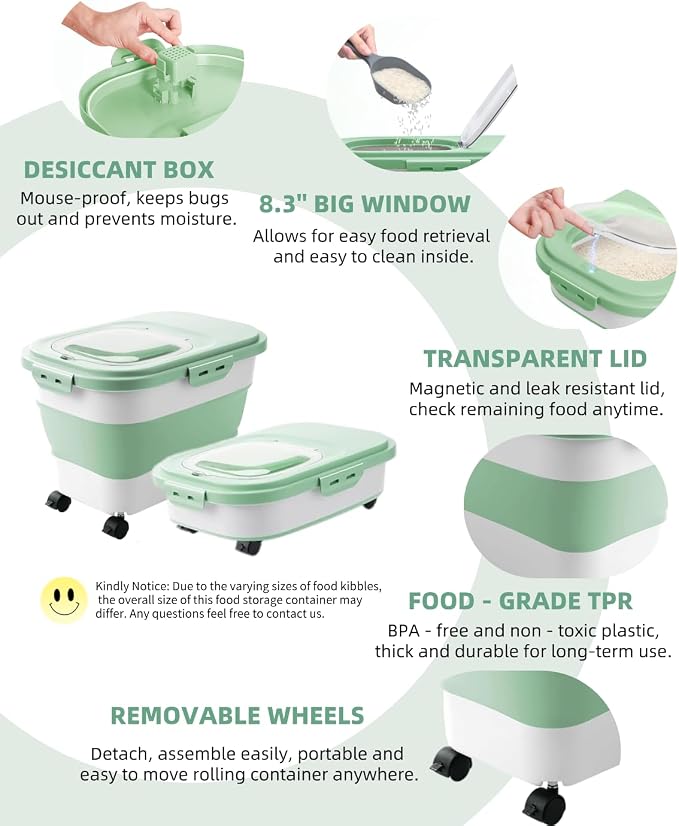 20-23Lbs Dog Food Storage Container Airtight,Collapsible Dog Food Container | Pet Food Storage with Double Airtight Seal & Magnetic Lid,Cat Food Container with Wheels for Easy Moving,Small Jar,Scoop
