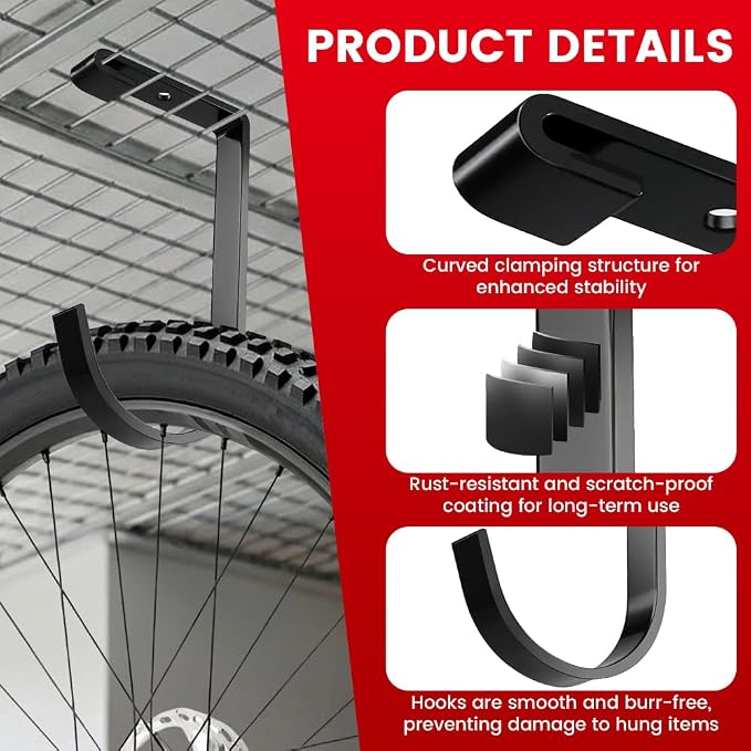 Bike Hooks for Garage Ceiling Mount Rack, Add on Storage Flat Hook, 4 Pack | Anti-Rust Overhead Garage Hooks for Wall Shelving, 60lbs Load Capacity, Tool-Free Installation
