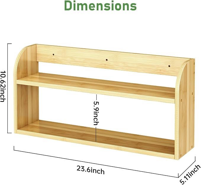 ROMGUAR CRAFT 2 Tier Long Bamboo Spice Rack, Countertop or Wall Mounting Wood Spice Jars Organizer Shelf for Kitche, Pantry (Natural)