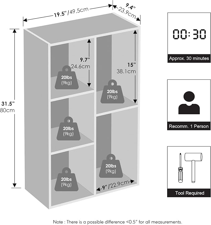 Furinno Reed Closet Organizers and Storage, 5-Cube Reversible Closet Shelves, Closet Organization Shelf, 9.4 x 19.5 x 31.5, for Bedroom, Closet, White