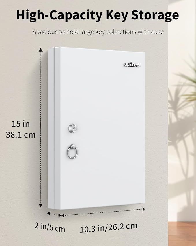 Uniclife 32 Position White Key Lock Box, Wall Mount Key Box, Car Key Organizer with Writable Key Racks and Tags, Security Key Cabinet, Car Key Holder Storage Box for Office Hotel & Company