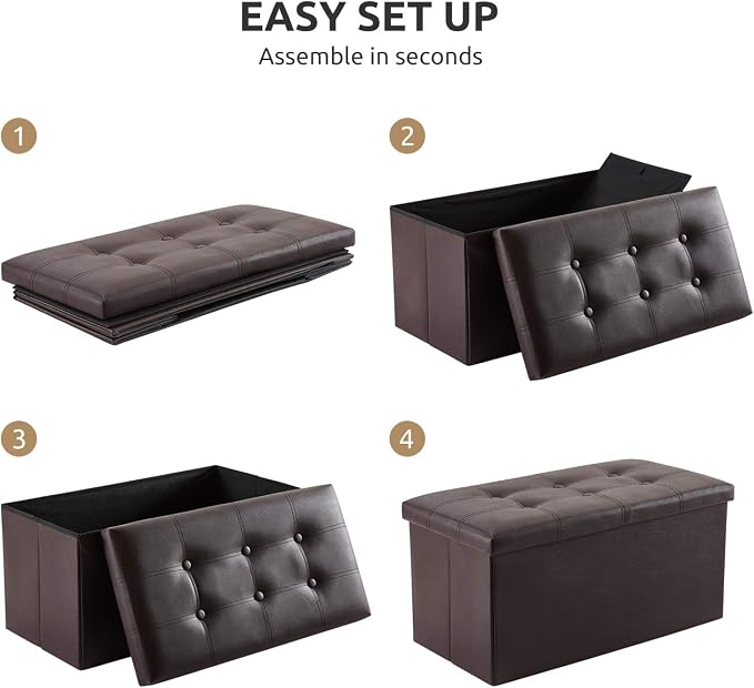 YOUDENOVA 30" Ottoman with Storage, Folding Faux Leather Bench, Brown | Foldable ottoman with hidden storage, padded faux leather seat for living room, bedroom and entryway.