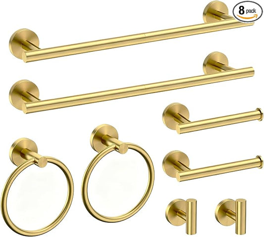 USHOWER 8PCS Brushed Gold Bathroom Hardware Set, 18-Inch Towel Bar Set | Durable SUS304 Stainless Steel Bathroom Accessories Set, Towel Racks for Bathroom Wall Mounted, Modern Home Decor
