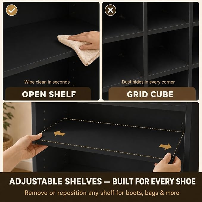 9-Tier Tall Shoe Rack Cabinet for Closet & Entryway, Black | Wooden Narrow Shoe Organizer Cabinet with Adjustable Shelves, Freestanding, for Bedroom, Hallway