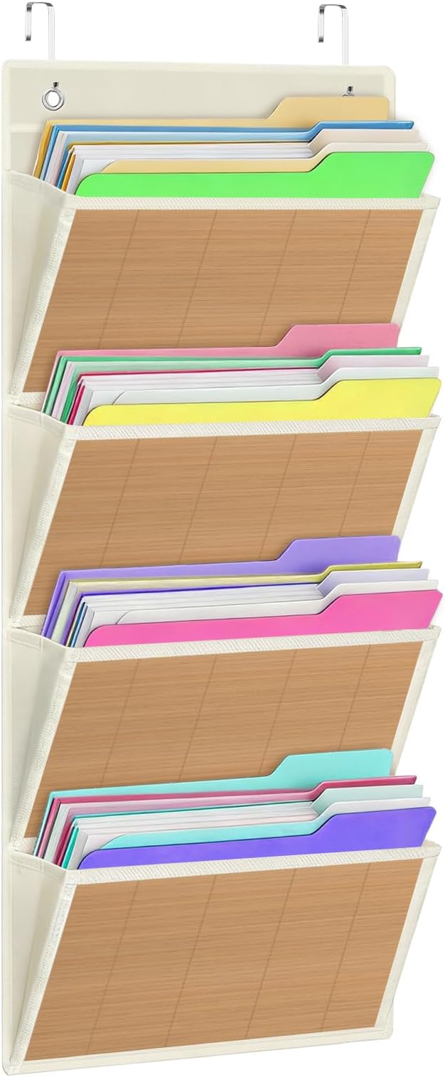 hanging wall file organizer, Over the door file folder organizer with 4 Large Bamboo Pockets, Suitable for Home, Office, Back to School Supplies Storage and Organization (Beige)