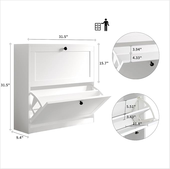 VOWNER Shoe Cabinet with 2 Flip Drawers, Freestanding Shoe Storage Cabinet with Adjustable Shelf & Anti-Tipping Device, Shoe Rack for Entryway, Hallway, Living Room (White)