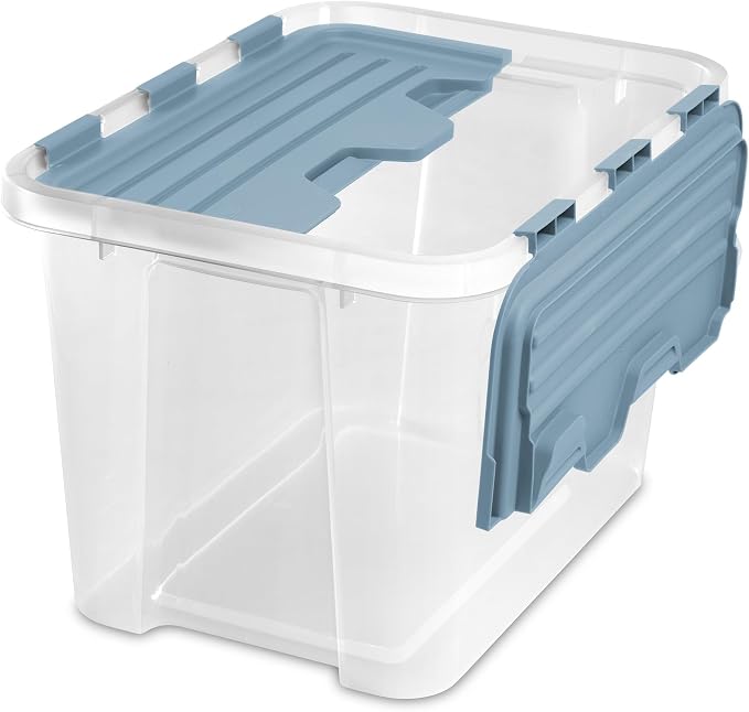 Sterilite Hinged Lid Storage Box, Plastic Container, 30 Quart, 12-Pack | Washed Blue - Home Organizer Tote for Storing Shoes, Crafts, Clothing, or Decor